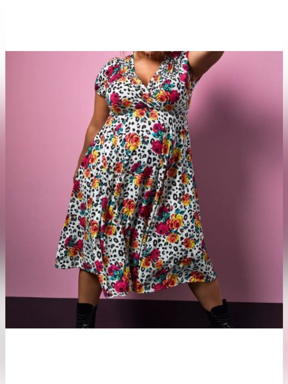 torrid White Midi Dress with Pink, Yellow & Teal Floral Leopard Print